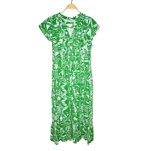green and white anthropologie dress NWT Anthropologie Fig & Flower Boho Midi Dress PM Floral Green Elastic Waist